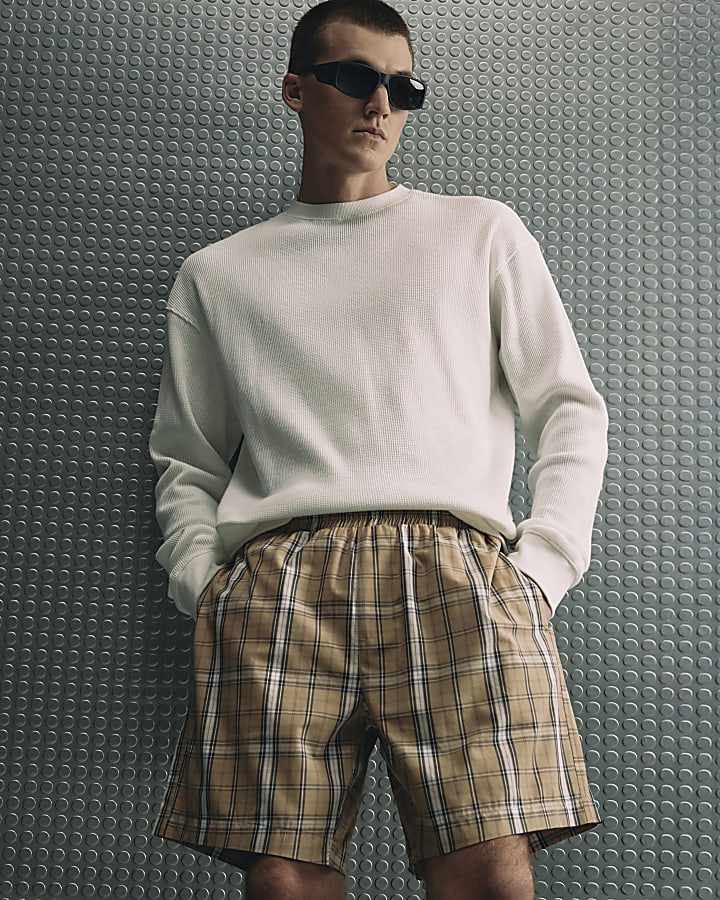 Brown Regular Fit Check Shorts