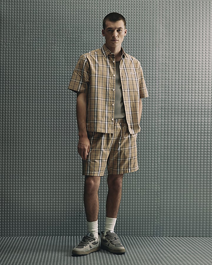 Brown Regular Fit Check Shorts