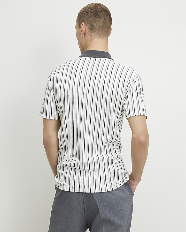 White Muscle Fit Stripe Textured Polo Shirt