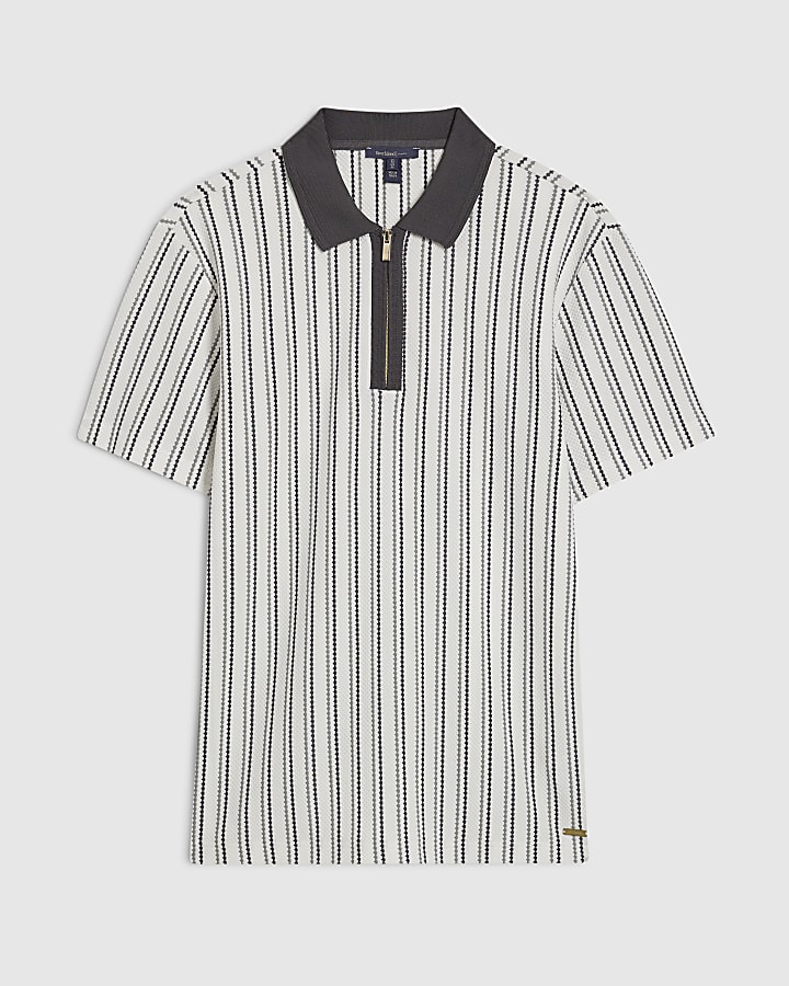 White Muscle Fit Stripe Textured Polo Shirt