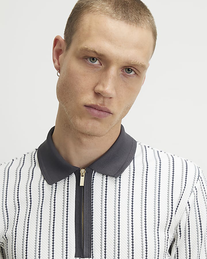 White Muscle Fit Stripe Textured Polo Shirt