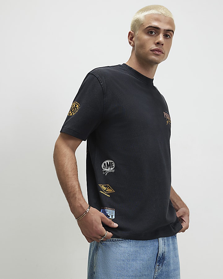 Black Oversized Fit Washed Logo Badge T-Shirt