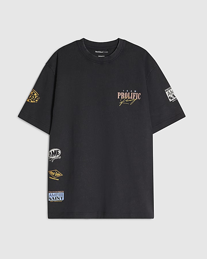 Black Oversized Fit Washed Logo Badge T-Shirt