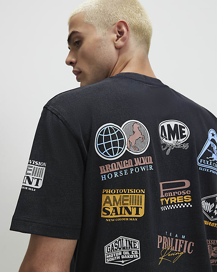 Black Oversized Fit Washed Logo Badge T-Shirt