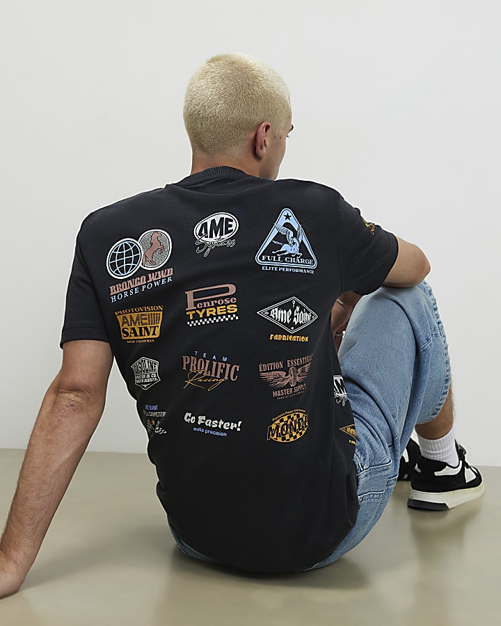 Black Oversized Fit Washed Logo Badge T-Shirt