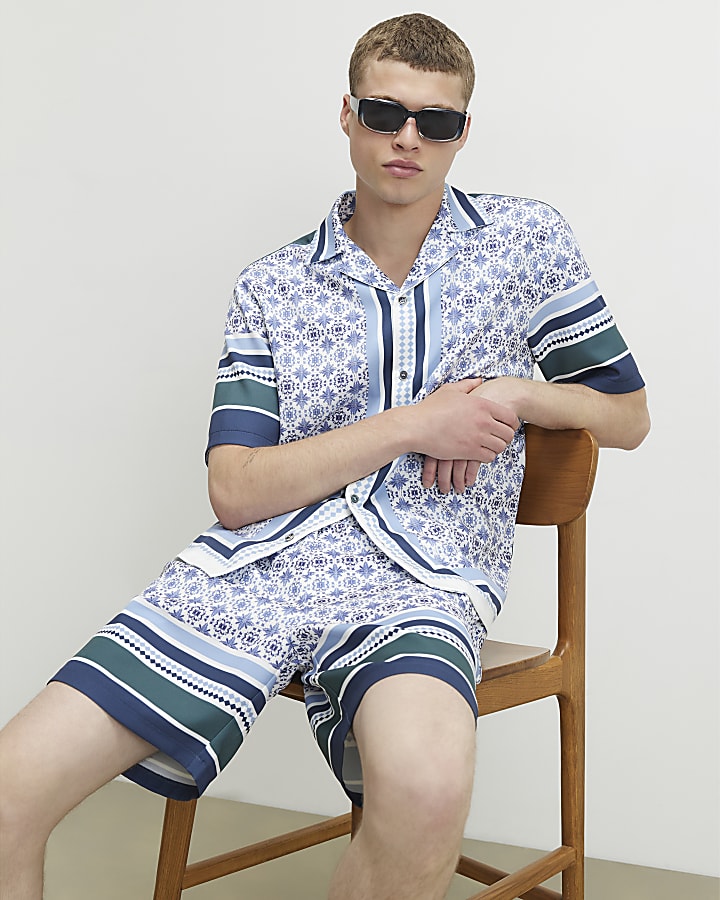 Blue Tile Print Shorts