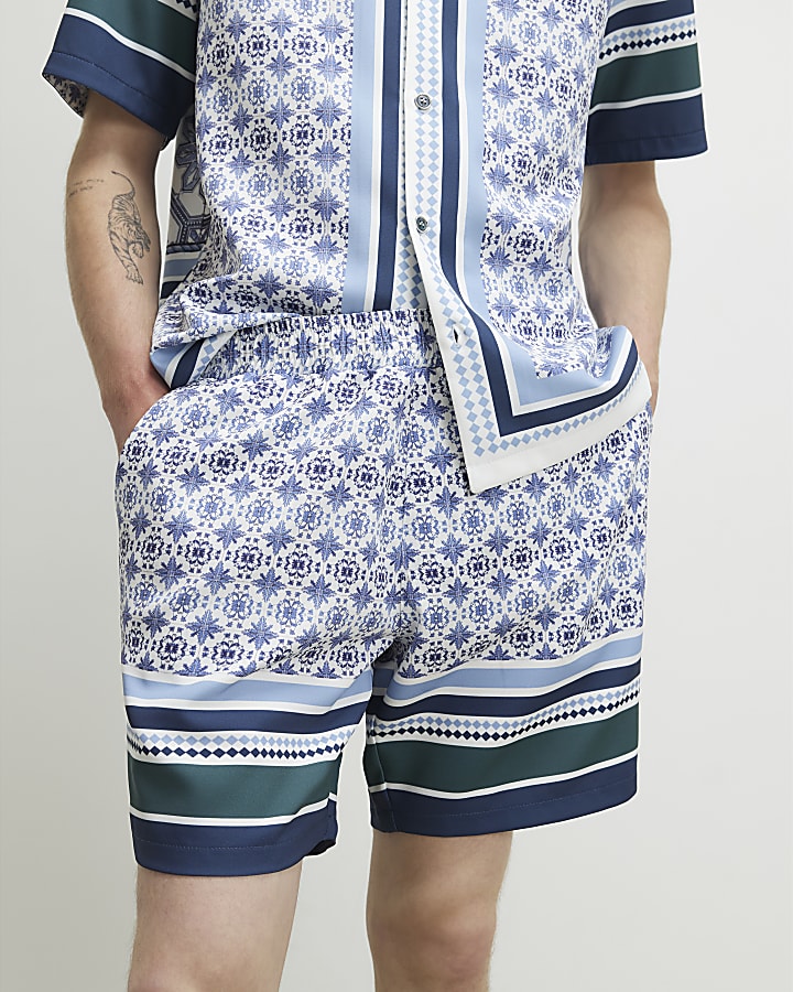 Blue Tile Print Shorts