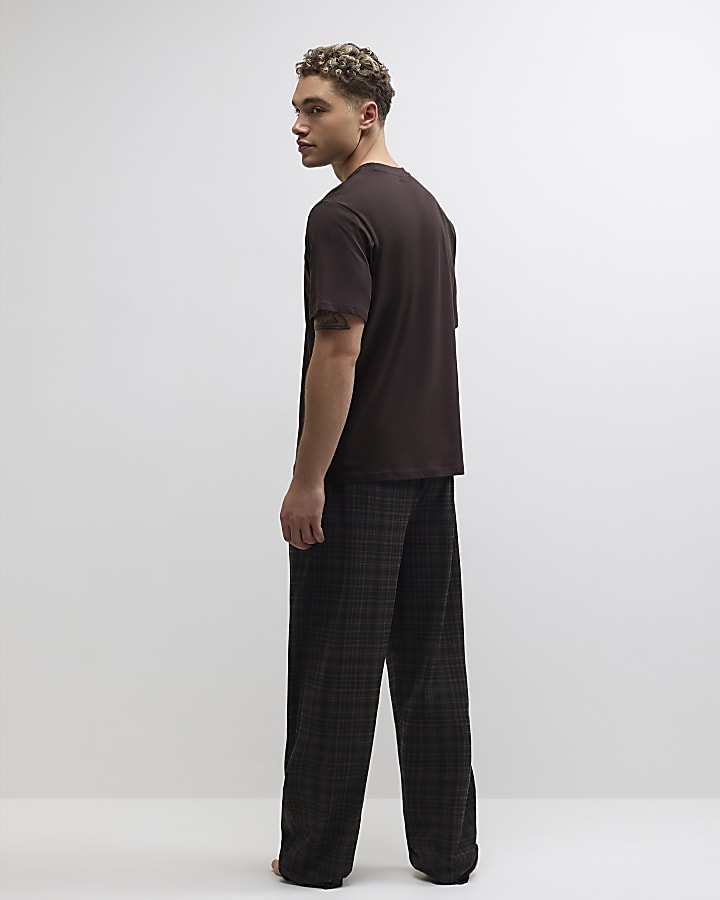 Brown Regular Fit Cotton Check Loungewear Set