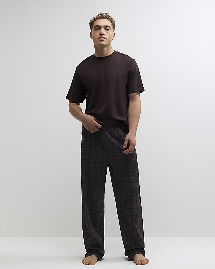 Brown Regular Fit Cotton Check Loungewear Set