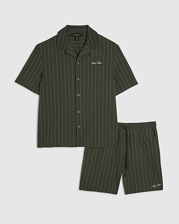 Green Regular Fit Stripe Shirt & Short Set