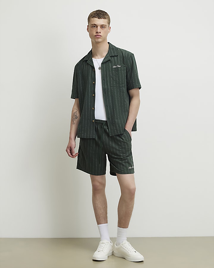 Green Regular Fit Stripe Shirt & Short Set