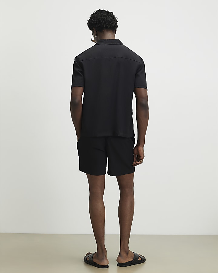 Black Short Sleeve Regular Fit Seersucker Set