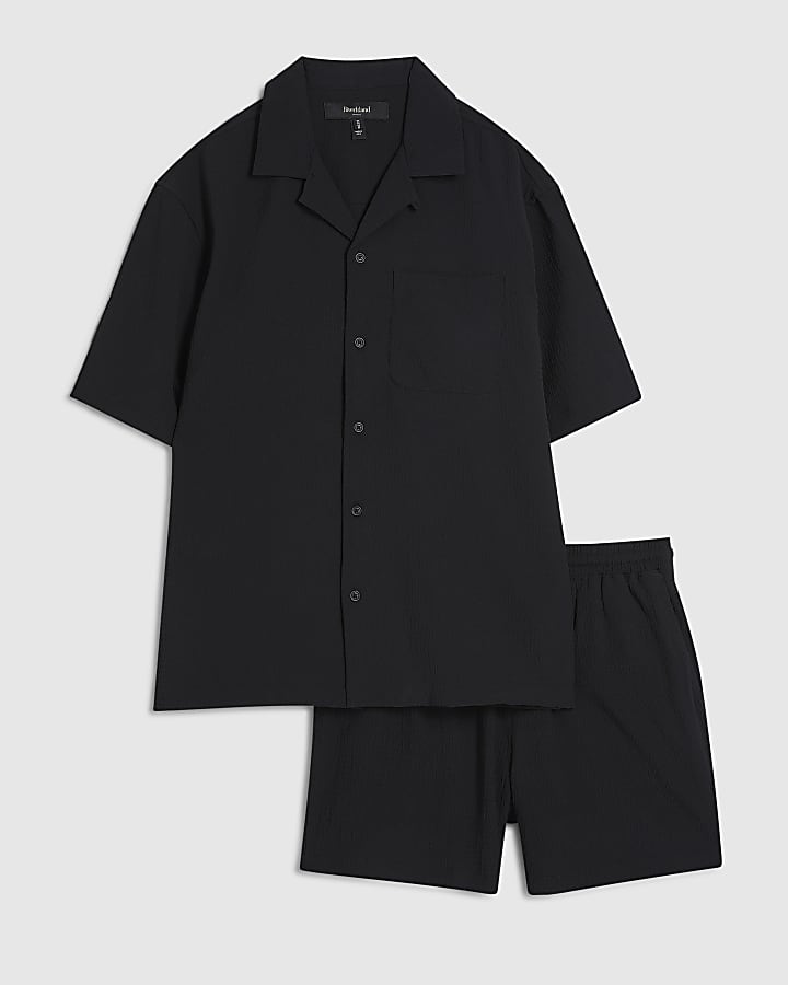Black Short Sleeve Regular Fit Seersucker Set