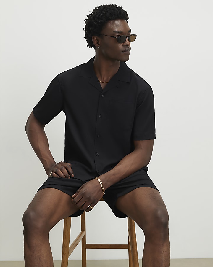 Black Short Sleeve Regular Fit Seersucker Set