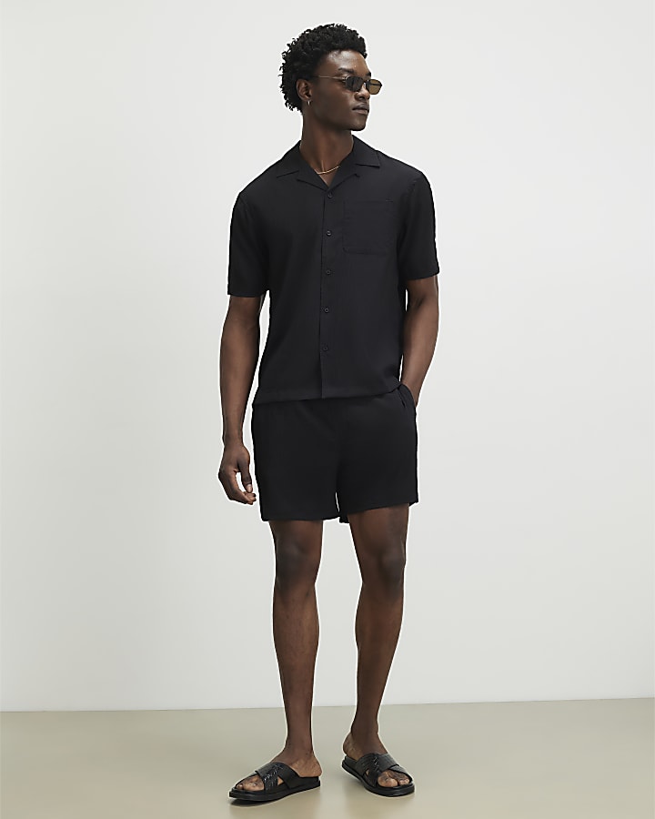 Black Short Sleeve Regular Fit Seersucker Set