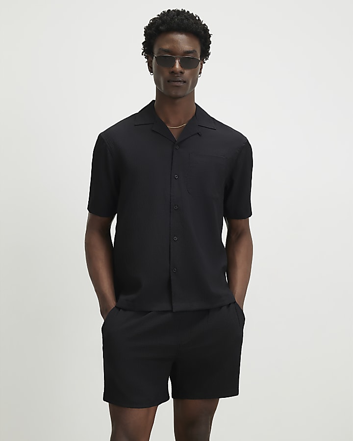 Black Short Sleeve Regular Fit Seersucker Set