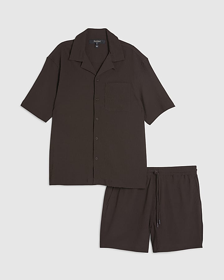 Brown Regular Fit Textured Shirt Set
