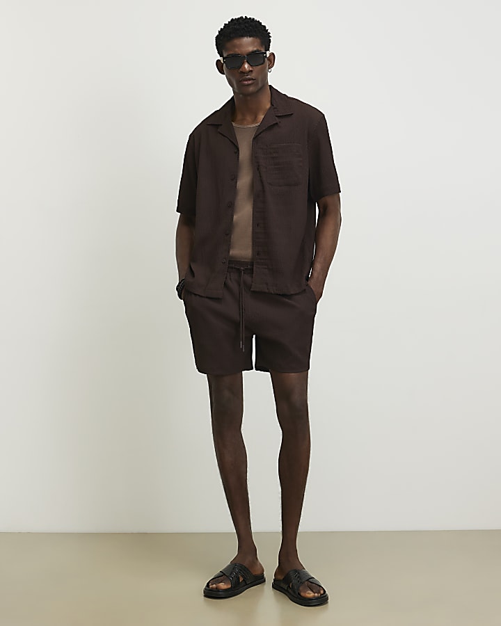 Brown Regular Fit Textured Shirt Set
