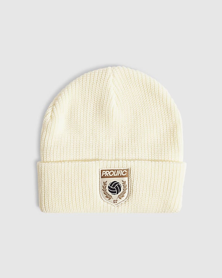 Cream Knit Prolific Badged Beanie