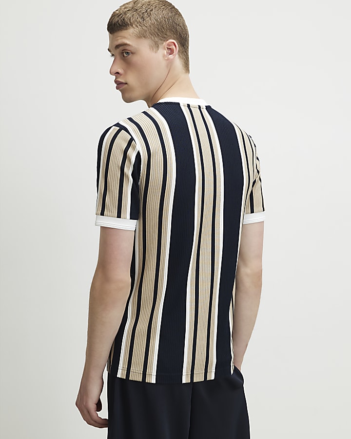 Navy Muscle Fit Stripe Textured T-Shirt