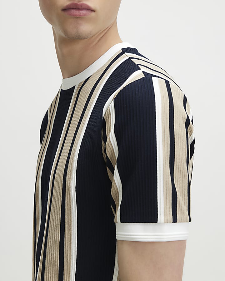 Navy Muscle Fit Stripe Textured T-Shirt