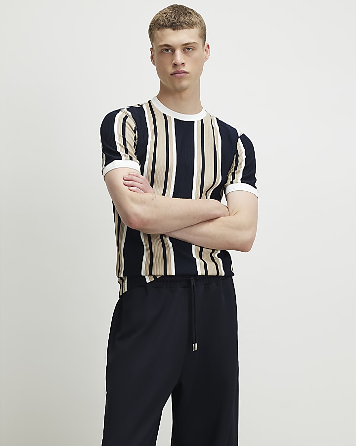 Navy Muscle Fit Stripe Textured T-Shirt