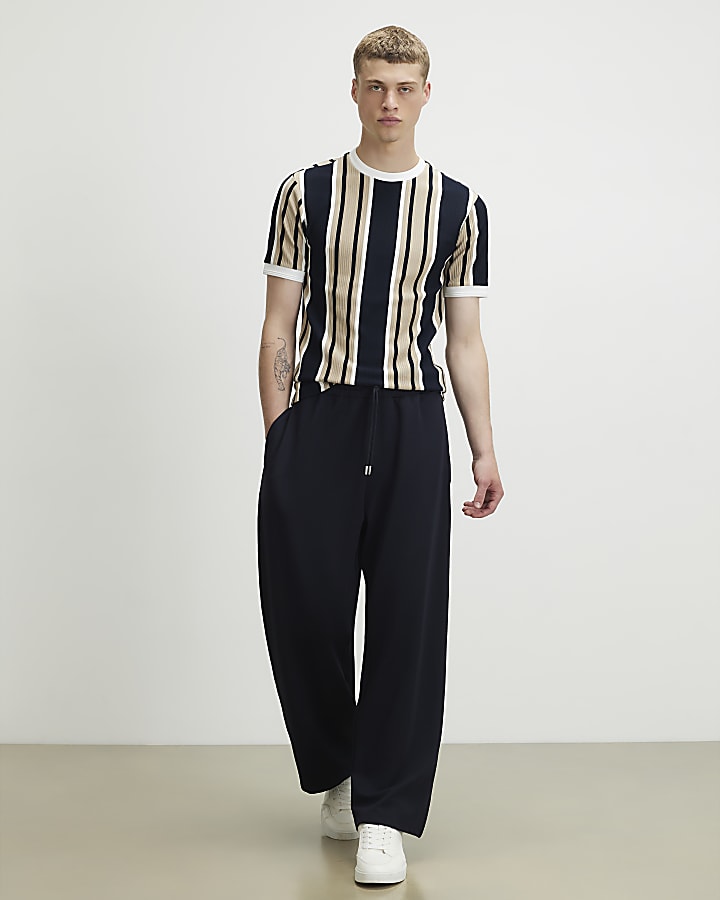 Navy Muscle Fit Stripe Textured T-Shirt