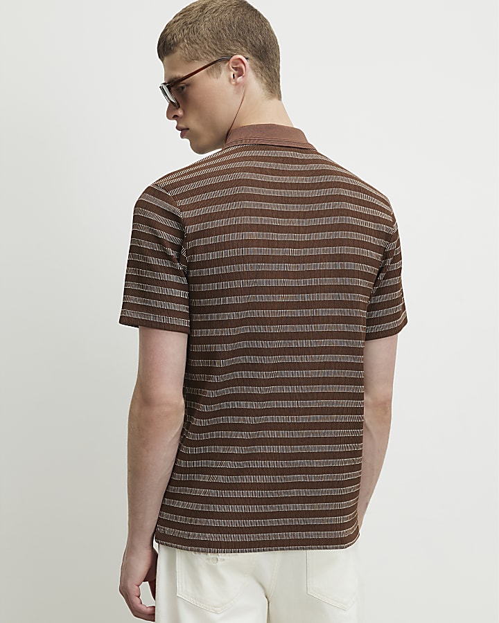 Brown Muscle Fit Stripe Textured Polo Shirt