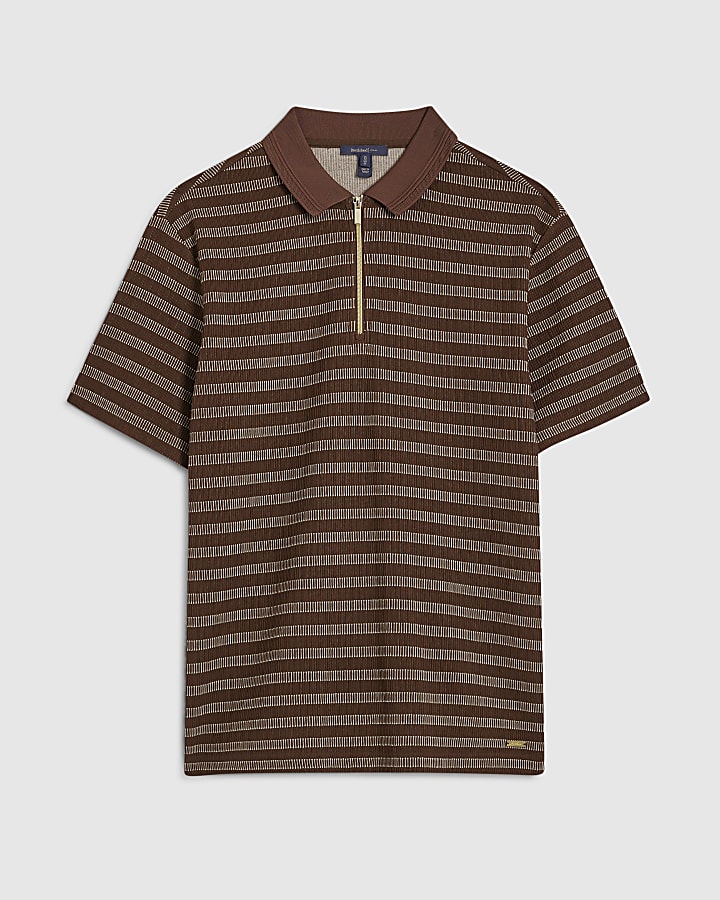 Brown Muscle Fit Stripe Textured Polo Shirt