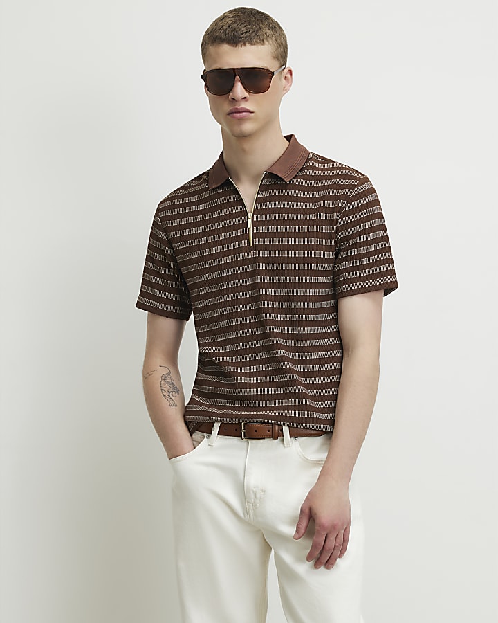 Brown Muscle Fit Stripe Textured Polo Shirt