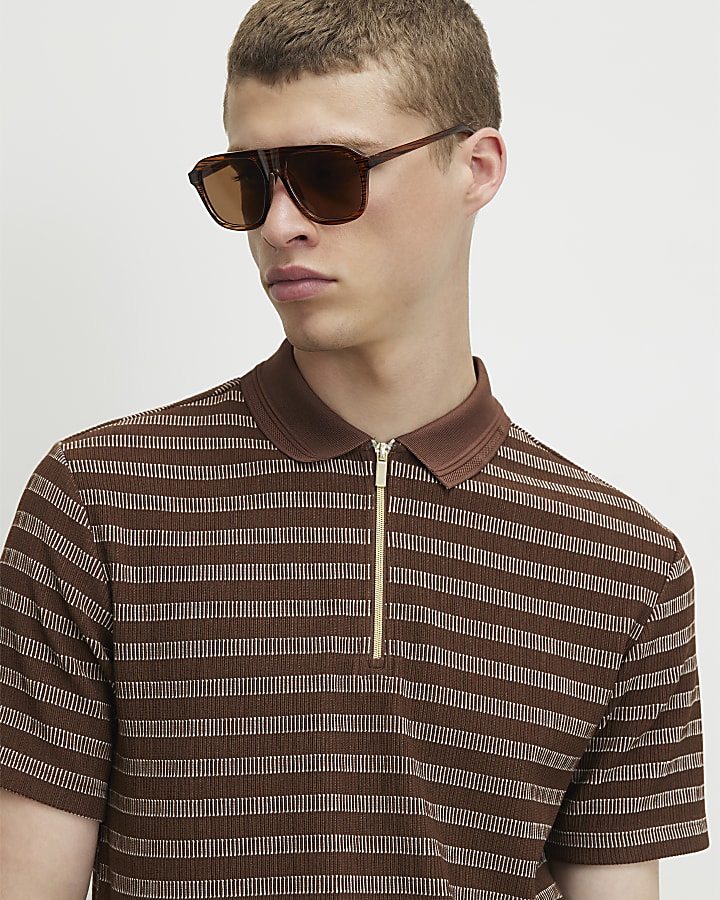 Brown Muscle Fit Stripe Textured Polo Shirt