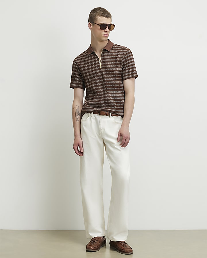 Brown Muscle Fit Stripe Textured Polo Shirt