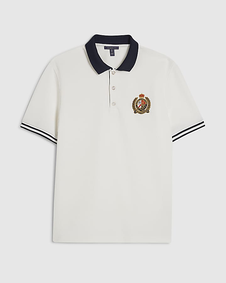 White Slim Fit Tipped Crest Polo Shirt