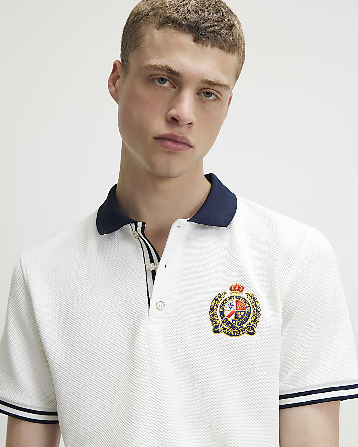 White Slim Fit Tipped Crest Polo Shirt