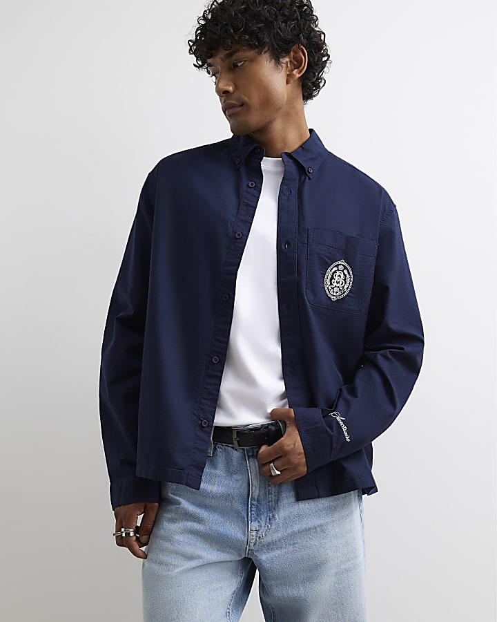 Navy Cotton Embroidered Sanctuaire Shirt