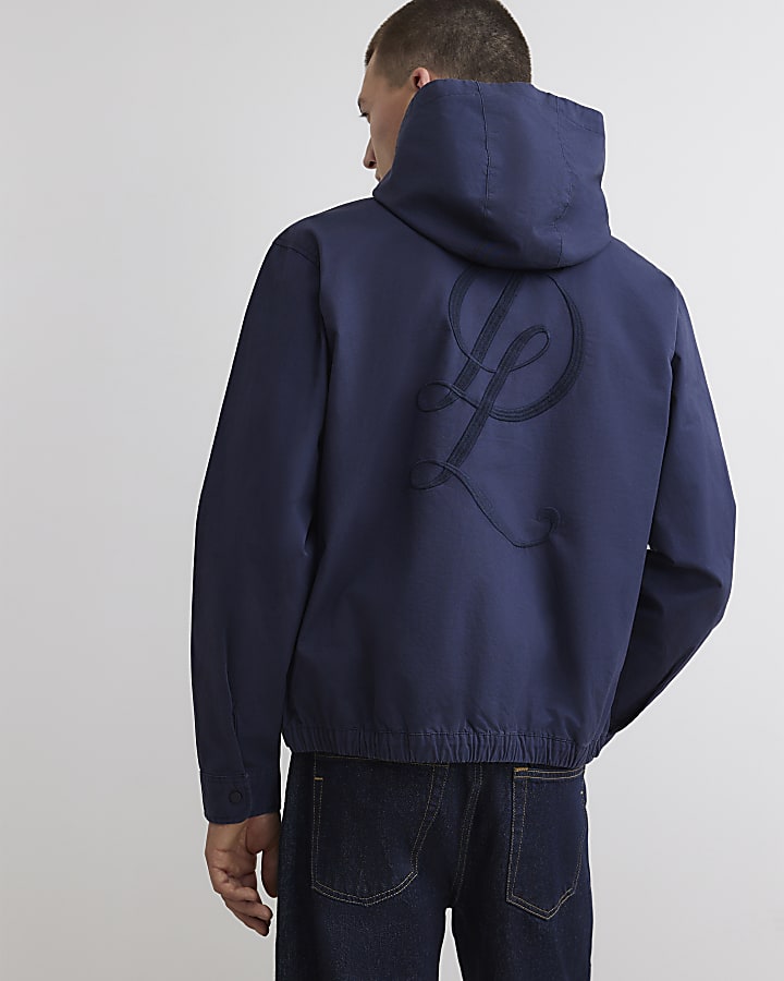 Navy Cotton Hooded Snap Button Overshirt