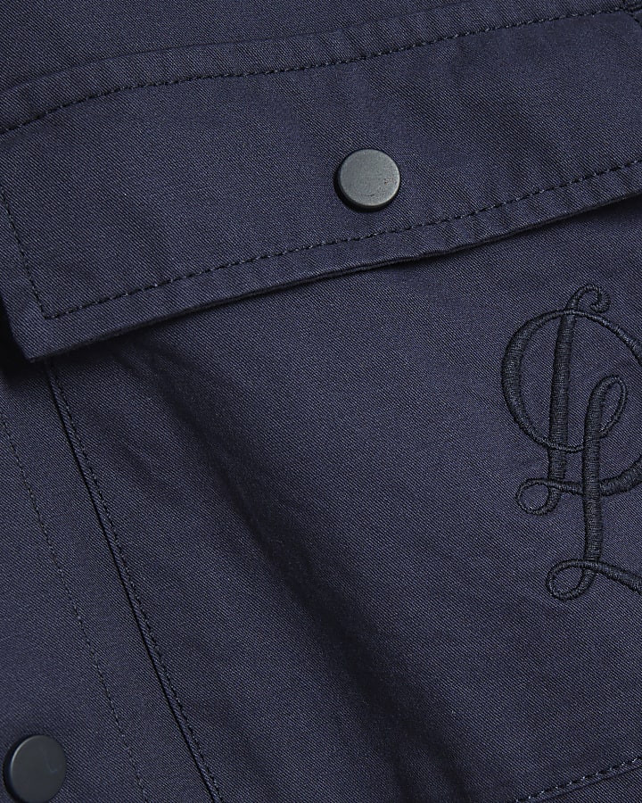 Navy Cotton Hooded Snap Button Overshirt
