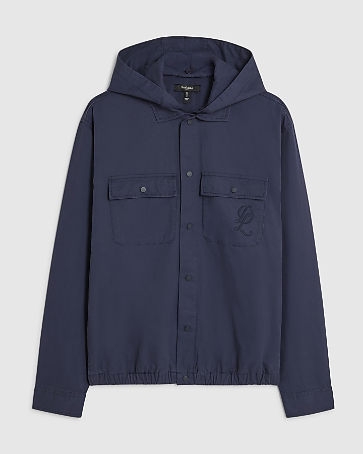 Navy Cotton Hooded Snap Button Overshirt