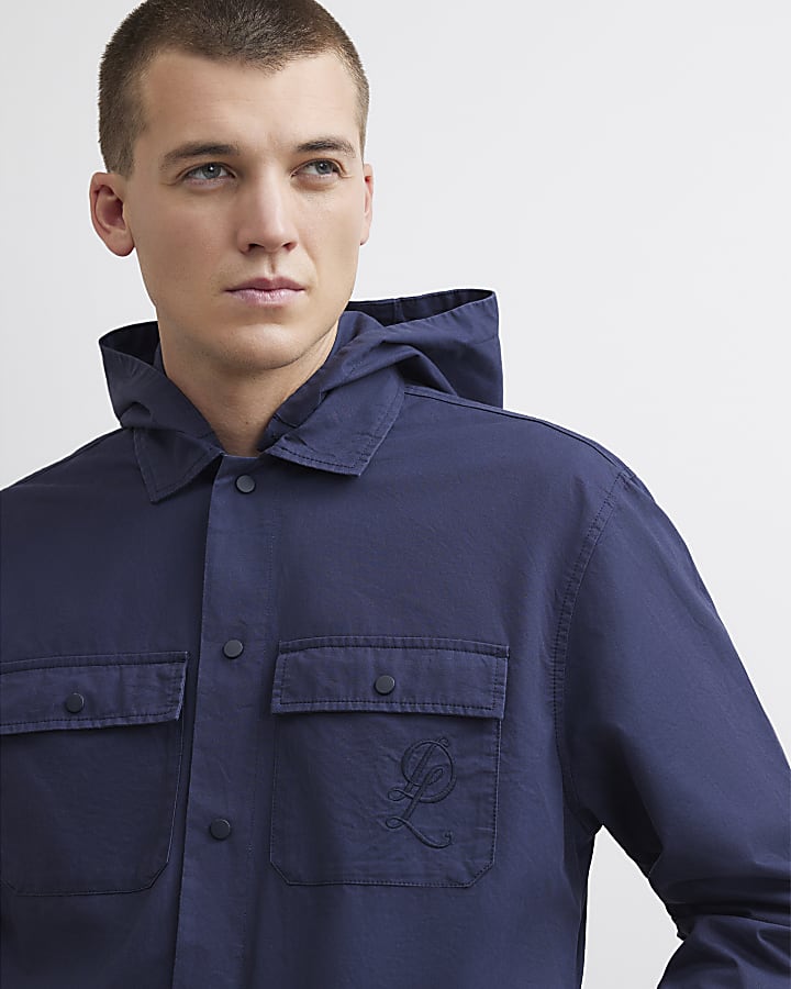 Navy Cotton Hooded Snap Button Overshirt