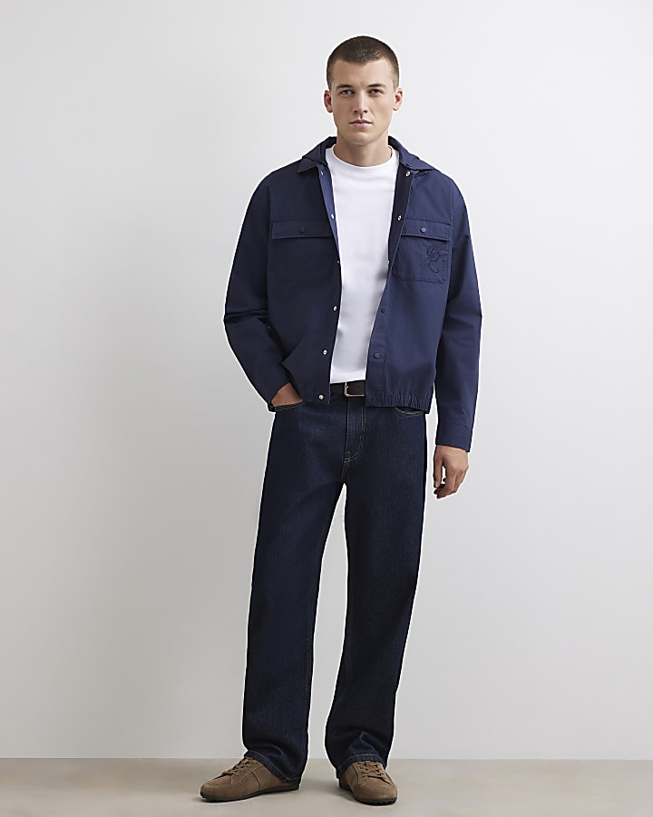 Navy Cotton Hooded Snap Button Overshirt