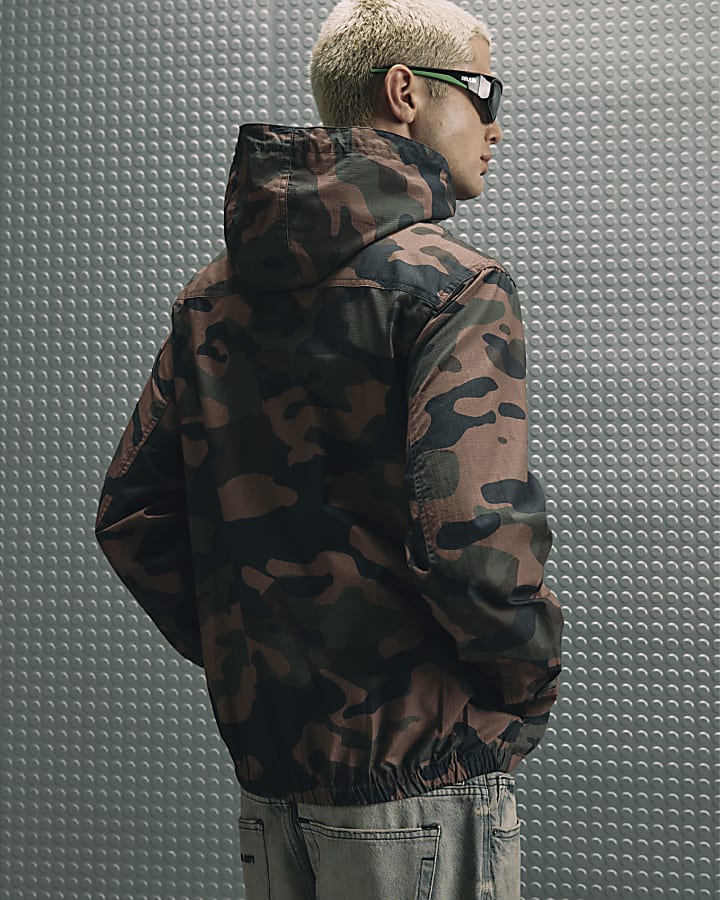 Brown Cotton Camouflage Hooded Shirt