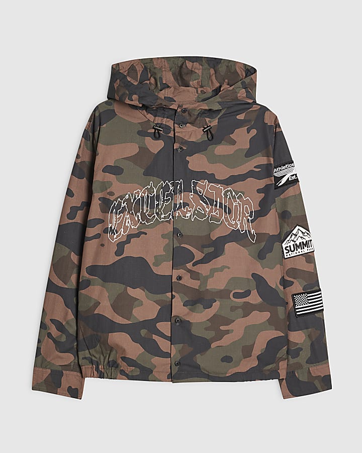 Brown Cotton Camouflage Hooded Shirt