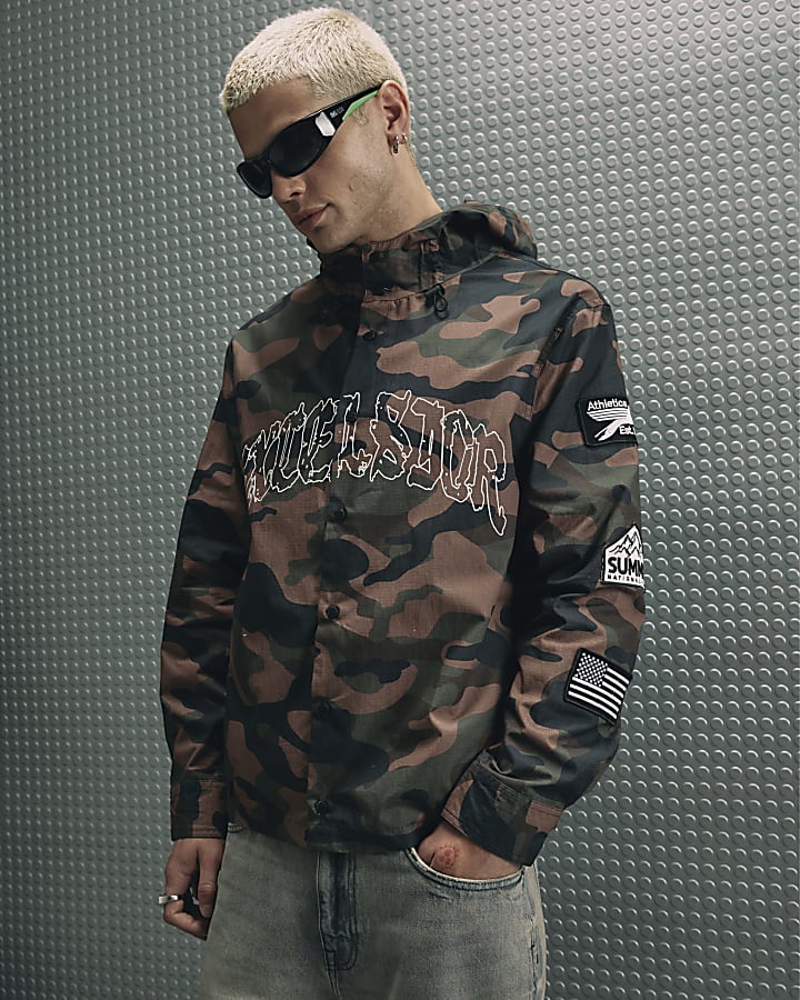 Brown Cotton Camouflage Hooded Shirt