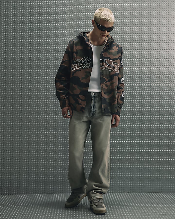 Brown Cotton Camouflage Hooded Shirt