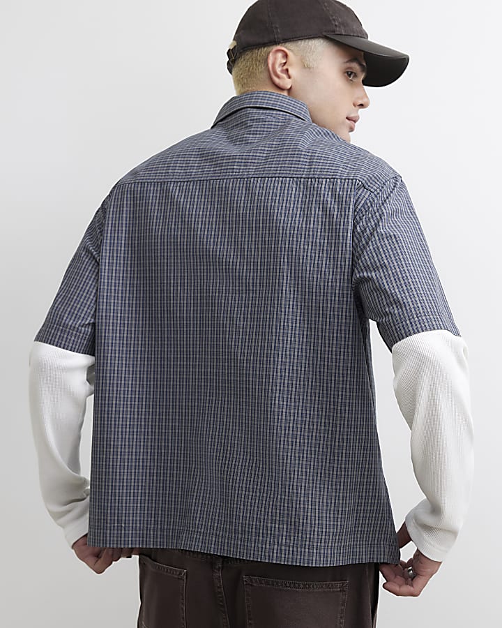 Blue Cotton Check Double Layer Crest Shirt
