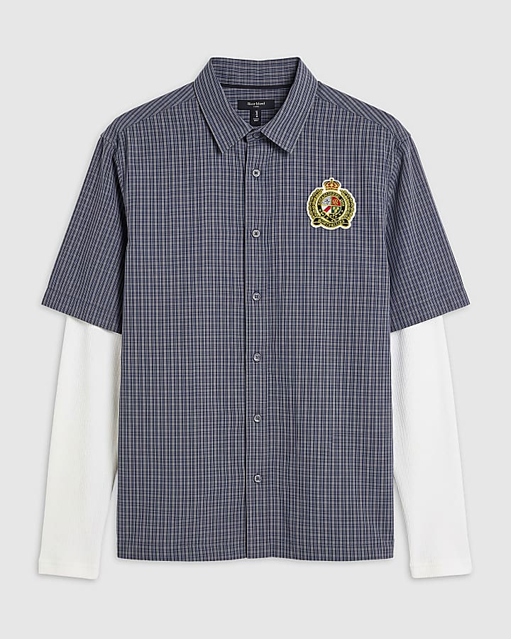 Blue Cotton Check Double Layer Crest Shirt