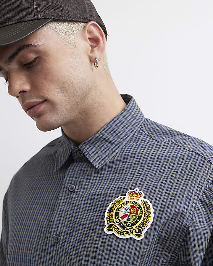 Blue Cotton Check Double Layer Crest Shirt