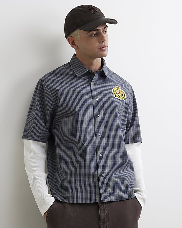 Blue Cotton Check Double Layer Crest Shirt