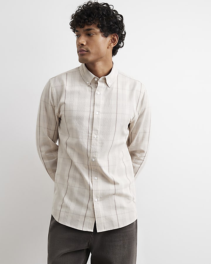 Beige Micro Check Corduroy Shirt