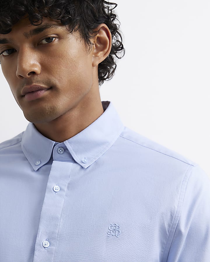 Blue Muscle Fit Cotton Long Sleeve Shirt